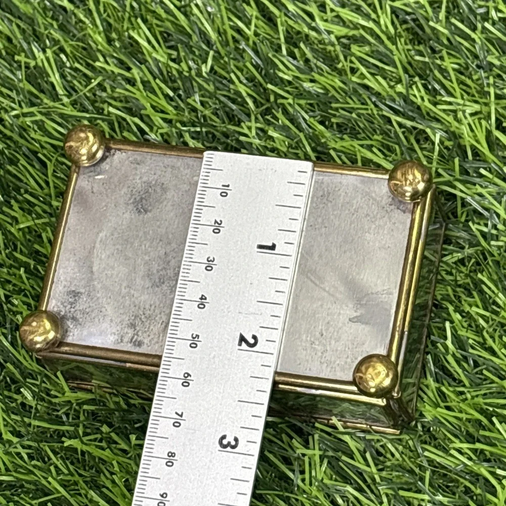 Vintage Brass Glass Trinket Box Etched Floral Jewelry Display Decor